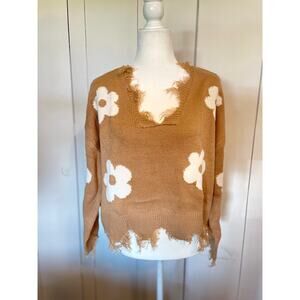 Just Polly Size Small Oversized Sweater Tan w/‎ White Boho Flowers NWT